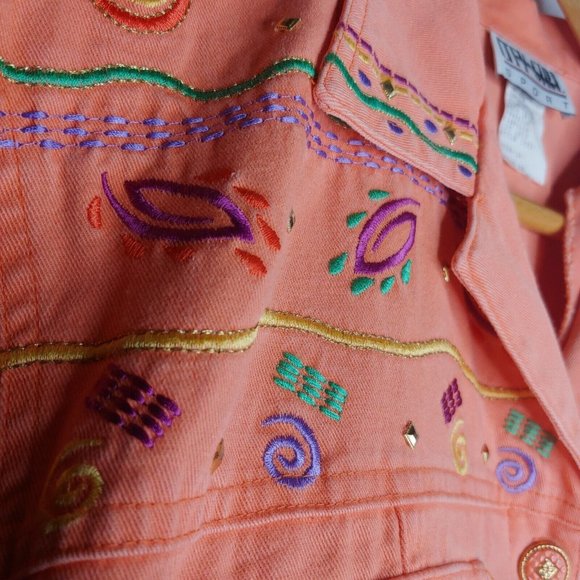 Vintage 80s City Girl Sport Womens 16 Jacket Cropped Canvas Embroidered Peach - Picture 6 of 11